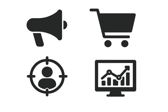 Marketing icon set with solid glyph symbols. Vector illustration of a megaphone for promotion, a shopping cart for e-commerce, a target audience, and an analytics graph for growth.
