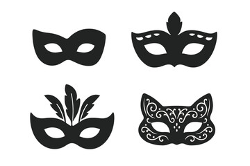 Vector icon set of four masquerade masks. Solid black silhouettes for carnival, party, or ball. Collection includes Venetian, feather, ornate cat, and half-face costume masks.