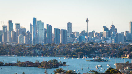 Sydney city skyline overlooking the harbour and Parramatta River.