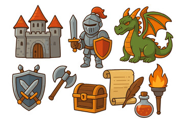 Cartoon medieval fantasy icon set for games. Vector clip art illustration with knight, dragon, castle, treasure chest, sword, shield, axe, potion and magic scroll.