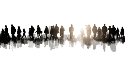 Silhouettes of a large crowd moving horizontally