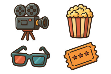 Cinema icons set. Movie night entertainment collection. Vector cartoon illustration of a retro film camera, popcorn, 3D glasses and an admission ticket. Filmmaking elements.