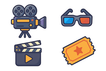 Movie and cinema entertainment icons. Film production equipment with retro camera, clapperboard, 3D glasses and admission ticket. Vector cartoon graphic element set.