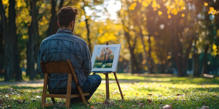 A hobbyist enjoying painting outdoors in a park