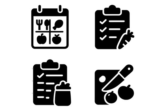 Meal planning solid icon set. Weekly diet schedule, food checklist, grocery shopping list, cooking and food prep vector icons. Nutrition plan glyph symbol collection. - Powered by Adobe