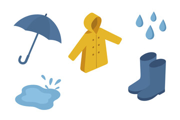 Obraz premium Isometric Rainy Day Essentials Vector Set with Umbrella, Yellow Raincoat, Blue Rain Boots, Puddle Splash, and Raindrops – Flat City Weather Gear Illustration