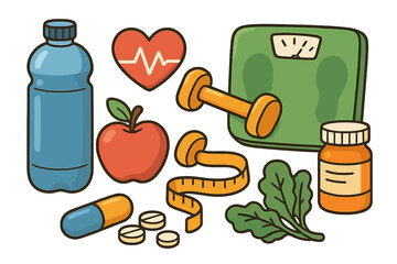 Health and wellness vector icon set. Healthy lifestyle, fitness, nutrition and diet concept. Cartoon collection with dumbbell, weight scale, apple, water, measuring tape, vitamins.