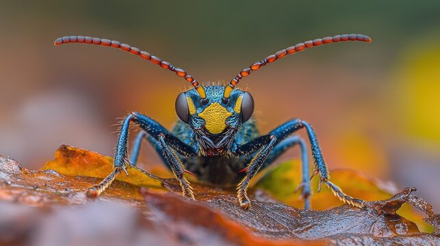 Colorful wasp portrait on a leaf, vibrant blue and yellow with orange accents