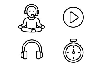 Guided meditation icon set for mindfulness and relaxation apps. Vector outline symbols include narrator, play button, headphones, and timer. Wellness and audio guide concept.