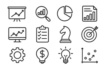 Business analytics and data visualization line icon set. Vector icons for financial report, marketing strategy, planning and analysis. Infographic elements with chart and graph.