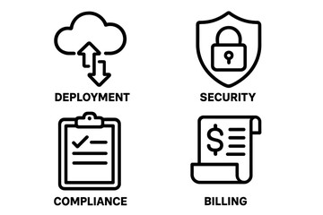 Business process outline icon set. Cloud computing concepts. Deployment, security, compliance, billing vector icons. Web service & enterprise IT management symbols pack.