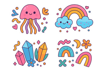 Kawaii doodle sticker set with cute jellyfish, rainbow cloud, and magic crystals. Whimsical cartoon vector illustration collection for kids. Abstract playful shapes and flowers.