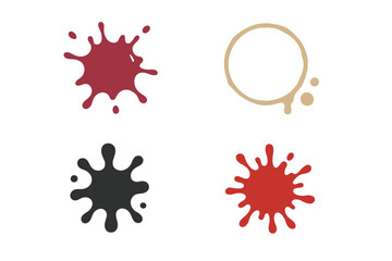 Thematic Icon Splashes Collection - Flat Vector Set of Wine Stain, Coffee Ring, Ink Blot, Mud Spatter, Blood Splatter, Artistic Liquid Stains on Transparent Background