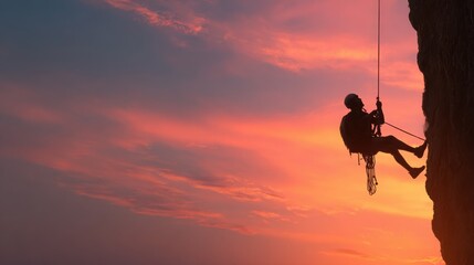 Muscular climber man in protective helmet abseiling from cliff rock wall using rope Belay device and climbing harness on evening sunset sky background. Active extreme sports time spending concept.