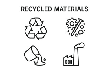 Recycled Materials Icon Set, Outline Vector Illustration of Recycled Ring, Metal Scraps, Melted Metal Pouring, and Factory Emission Symbols for Environmental and Industrial Concepts