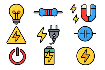 Set of electricity icons. Power, energy, electronic components symbols. Lightbulb, resistor, magnet, capacitor, battery, plug, voltage sign. Vector cartoon illustration.