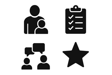 Mentorship icon set. Coaching and business training solid icons. Professional development concept. Mentor, guidance, checklist, conversation, success star vector graphics.