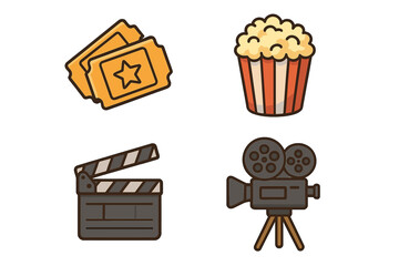 Cinema icon set for film festival or movie night. Vector collection of entertainment symbols: movie ticket, popcorn, clapperboard, and retro film camera. Movie production.