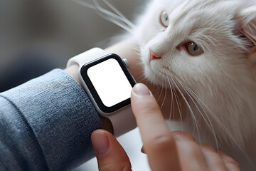 Person interacts with a smartwatch while a fluffy white cat curiously observes the screen