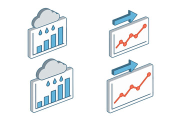Meteorological icon set. Isometric flat icons for weather data visualization. Bar chart with rainfall and precipitation levels. Line graph showing growth trend and analysis.