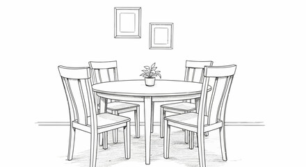 Illustration of dining room furniture with a round table and chairs