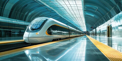A hyper-modern train station where passengers board a levitating train