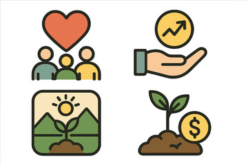 Fototapeta premium Social impact and financial growth icons, community development vectors for sustainable initiatives, cartoon style illustration with people, nature, and investment symbols