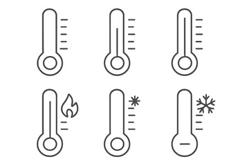 Thermometer icons set thin line editable stroke vector collection, weather and temperature symbols, heat and cold indicators, medical and climate illustrations, web, apps, books, cards