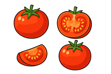Fresh red tomato vector cartoon illustration set. Whole, half and sliced tomatoes. Healthy organic vegetable food ingredient for cooking. Simple flat design icon collection.