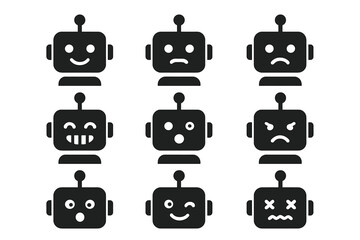 Robot emoji solid icon set. Bot face with mood expression. Glyph icons collection. Happy, sad, angry, smile, confused, dead emoticons. AI character head. Chatbot avatar vector.