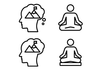 Mindset icon collection. Mental preparation and sports psychology line icons. Goal visualization, meditation and focus concept. Head with mountain goal and person in lotus pose.