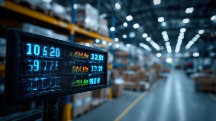 Medium shot of a digital display showing realtime stock updates from a cloudbased inventory system with blurred background of busy warehouse operations.