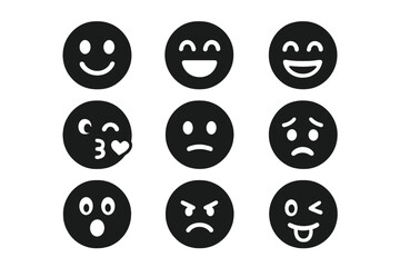 Vector emoji solid icon set. Expressive face emotions with unique glyph designs. Black cartoon character faces showing happy, sad, angry, love, kiss, laugh and smile feelings.
