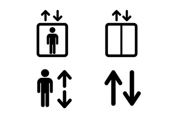 Elevator lift icon set. Simple black silhouette vector symbols collection. Public sign for passenger direction with up and down arrows. Modern minimal pictogram glyph design.