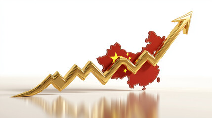 China economy growth chart concept golden arrow rising over chinese map flag
