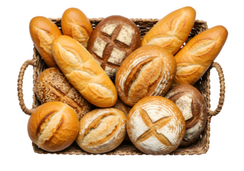 An abundant basket filled with various types of fresh breads showcasing artisan baking techniques and the joy of homemade treats isolated on white or transparent background. PNG