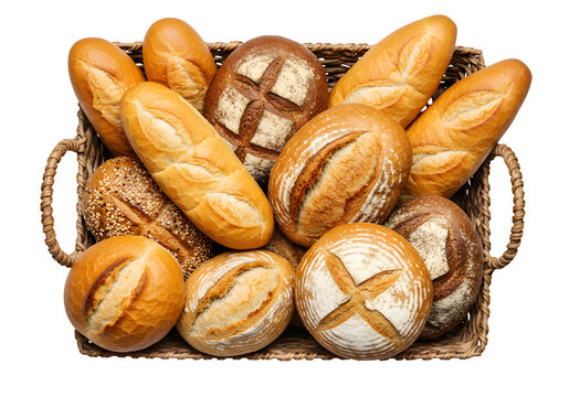 An abundant basket filled with various types of fresh breads showcasing artisan baking techniques and the joy of homemade treats isolated on white or transparent background. PNG