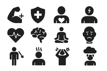 Health and stress solid icon set. Mental wellness and illness signs. Psychology, depression, anxiety, burnout, meditation and fitness vector pictograms for web and mobile.