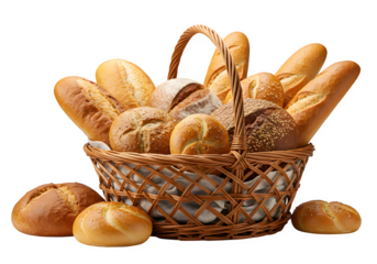 An abundant basket filled with various types of fresh breads showcasing artisan baking techniques and the joy of homemade treats isolated on white or transparent background. PNG