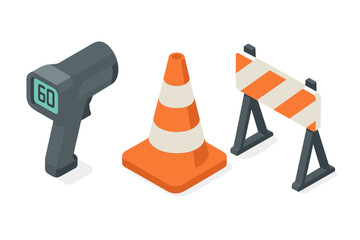 Isometric traffic enforcement icon set. Police speed radar gun, traffic cone, and roadblock barrier for road safety and control. Vector illustration flat design concept isolated.