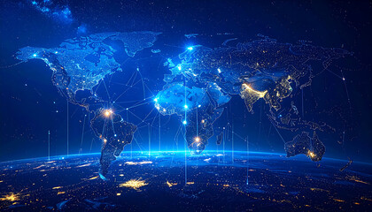 Dynamic global network visualization showcasing illuminated continents and interconnected data streams, perfect for technology and business concepts.
