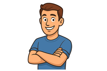 Young smiling man with arms crossed. Confident friendly male character mascot for business or website. Happy handsome guy avatar. Vector cartoon illustration isolated.