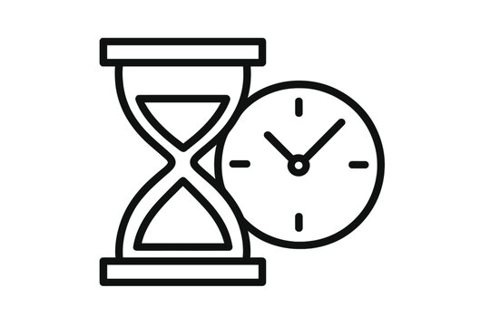 Time management icon with hourglass and clock. Metaphor for deadline, urgency, and productivity. Vector symbol of countdown, sandglass, history, past, present and future.