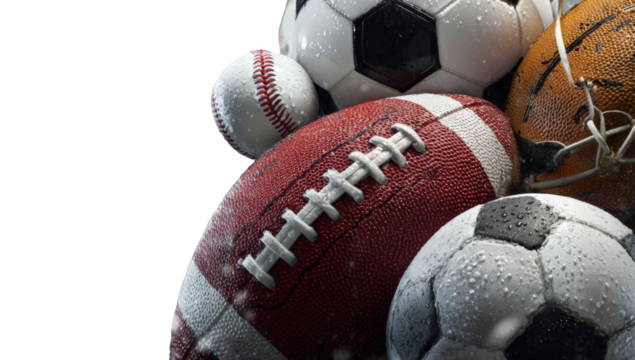 Close-up pile of various sports balls