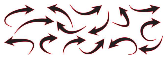 Red Black Curved Arrow Icons – Bold Vector Swirl, Turn, Direction Symbols