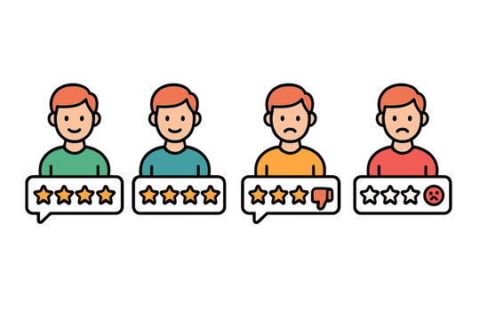 Customer review with 5 star rating. User feedback and client satisfaction concept. People icons show positive and negative testimonials and experience for online service or app.