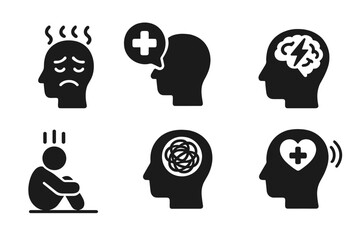 Mental health solid icon set. Stress, anxiety, depression, therapy symbols. Psychology concept, brain health, emotional state vector glyphs. Human head silhouettes.
