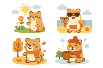 Cute hamster character set for all four seasons: spring, summer, autumn, winter. Adorable cartoon rodent in different weather. Kawaii animal vector illustration collection.