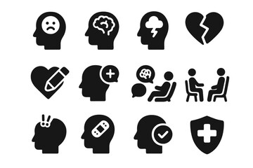 Mental health solid icon set. Psychology, therapy and emotion symbols. Brain, stress, depression, anxiety, healing, recovery, support and counseling vector pictograms.