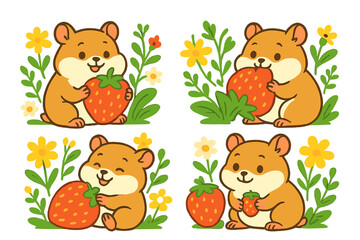 Set of cute cartoon hamsters with strawberries. Kawaii animal characters eating fresh berries in a garden with flowers. Cheerful rodent mascot vector illustration collection.